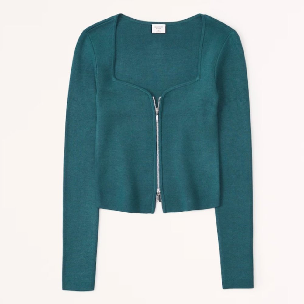 Abercrombie Women’s Zip-Up Notch-Neck Slim Top - Teal (Size M)